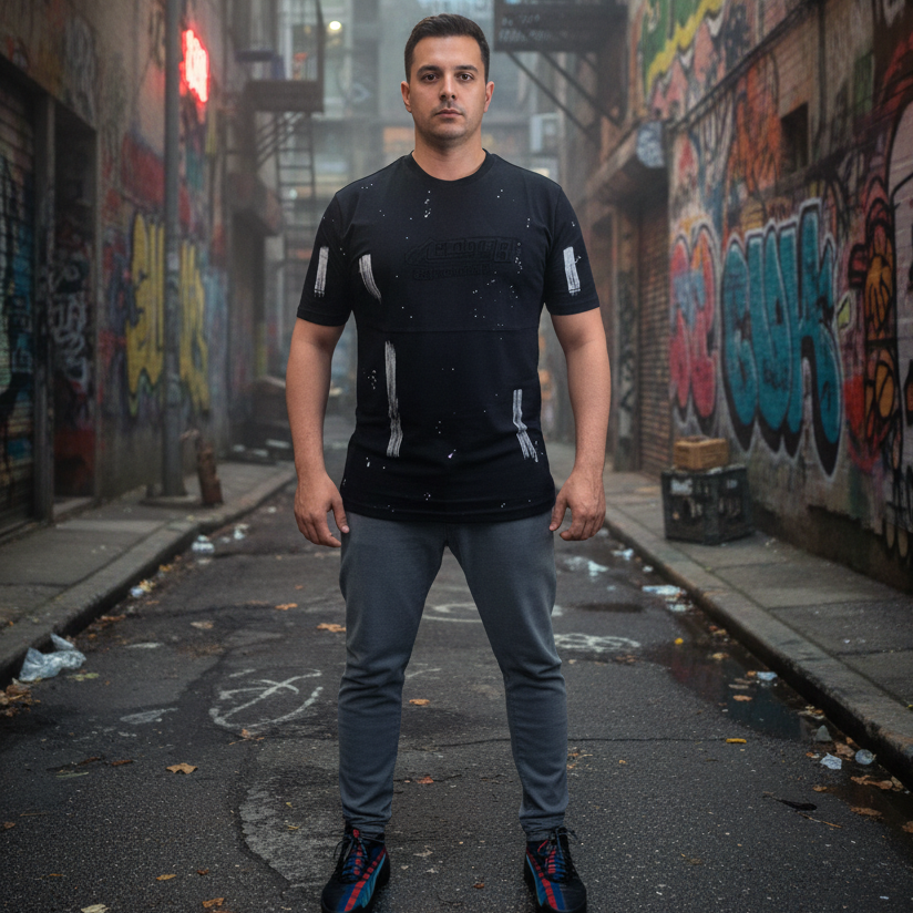 T-shirt COM-EIGHT Noir Effet Peinture Blanche